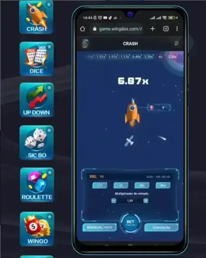 Tela de celular com jogo Crash de foguete e multiplicador 6.87x, interface de apostas e menu lateral com Dice, Sic Bo, Roleta