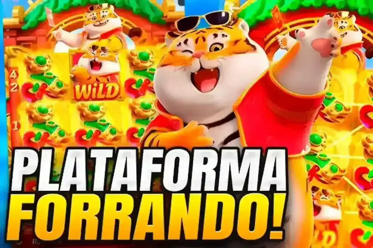 Tigre de desenho animado com óculos de sol, piscando, em frente a um jogo de slot. Texto: PLATAFORMA FORRANDO!